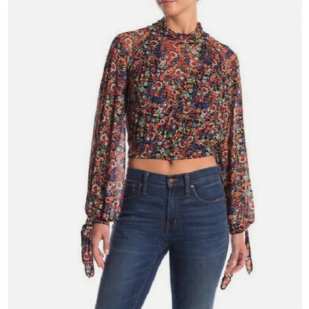 Free People Top Womens S All Dolled Up floral long sleeve mesh turtleneck crop